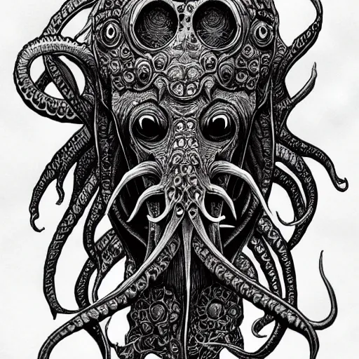 Prompt: black ink on paper, illithid cthulhu, trending on artstation, beautiful, intricate, detailed