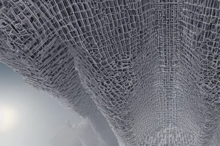 Prompt: tourists visiting a complex organic fractal 3 d ceramic megastructure skyscraper, cinematic shot, foggy, photo still from movie by denis villeneuve