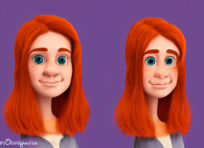 Image similar to portrait Girl with orange hair and freckles, purple background, cute-fine-face, pretty face, realistic shaded lighting by disney character style,