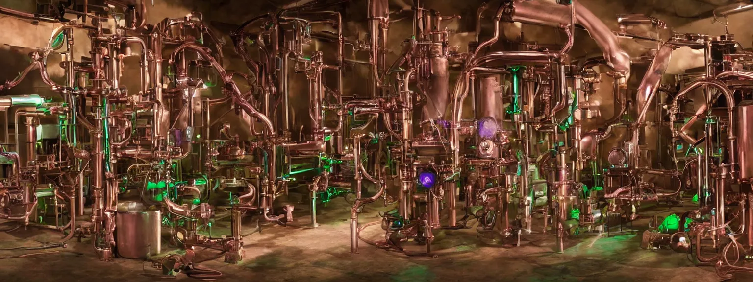 Prompt: a super high resolution film still of machine apparatus for making snake oil, huge copper machine fed by a hopper of snakes, purple and green pipework, directed by denis villeneuve, 8 k, snake machine, cinematic lighting