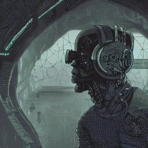 Image similar to in the style of max prentis and deathburger and laurie greasley a close up of a young explorer wearing a cyberpunk headpiece sitting within an ancient and dense mechanical forest, highly detailed, 8 k wallpaper