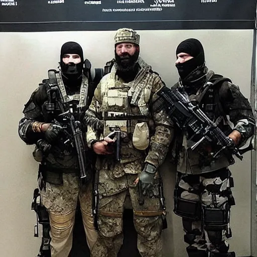 Image similar to “ seal team uniformed founding fathers, posing for an awarding winning photo of osama bin ladin, ultra realist, tactical gear, cyber punk ”