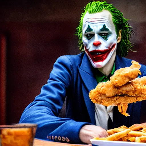 Image similar to cinematic shot of the joker sitting at a table in a popeyes restaurant and biting into a chicken tender, 8 k, very detailed, very intricate,