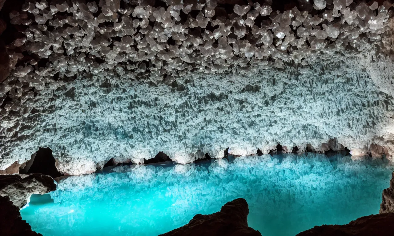 Image similar to an extremely large cave, brightly lit, filled with quartz crystal formations, pools of water