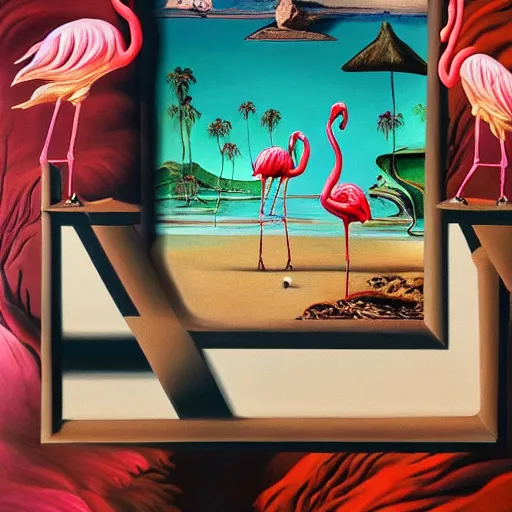 Prompt: A surreal oil painting of a puzzle containing a beautiful woman and Flamingos on a desert beach oasis by Salvador Dali, dark vibes, high contrast, cinematic, depth of field