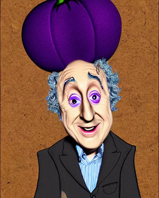 Prompt: gene wilder as the eggplant man, holding an eggplant, digital art