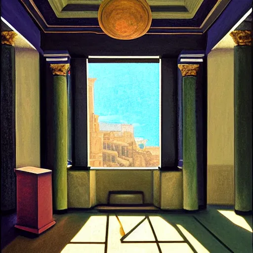 Image similar to still life painting of a room with a balcony. in the center lays an ancient holy artifact, shaped like torus ring, chromed and ornate with gentle iridescent shine from within. the ring lays on top of a pedestal. perspective from the side. realistic light and shadows. moody fantasy art, still life renaissance pastel painting.