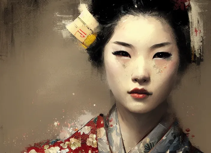 Image similar to female geisha girl, beautiful face, intricate outfit, spotlight, by greg rutkowski, by jeremy mann, digital painting