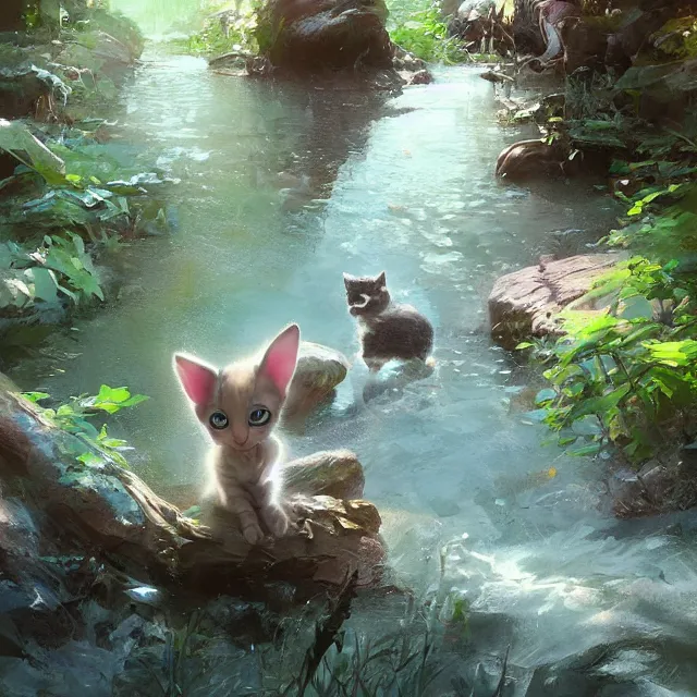 Image similar to a painting of a cute kitten at a creek. disney character design by cory loftis, fenghua zhong, ryohei hase, ismail inceoglu and ruan jia. volumetric light, detailed, rendered in octane