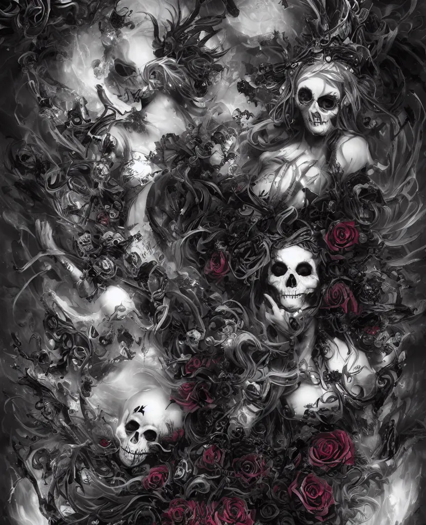 Image similar to a chaotic goddess of death skull black rose s day of the dead atmospheric, dramatic, concept art by a professional manga illustrator, Stanley Artgerm Lau, WLOP, Rossdraws, James Jean, Andrei Riabovitchev, Marc Simonetti, and Sakimichan hyperrealist, cinema4D, 8k highly detailed ❤️‍🔥 🔥 💀 🤖 🚀