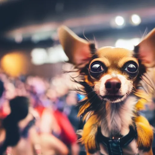 Image similar to a chihuahua performing on stage at a hip hop concert. Dancing out of focus crowd. Cyber stage design. Photograph for a magazine.