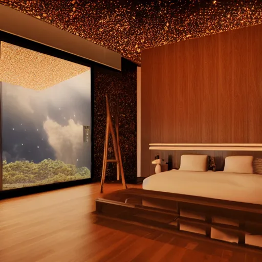 Image similar to wood room with a view of a nebula, modern architecture, cinematic, high quality, 8k