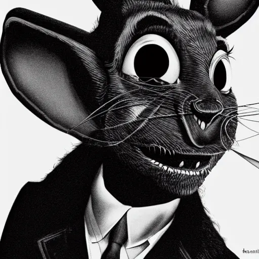 Image similar to A extremely highly detailed majestic hi-res beautiful, highly detailed head and shoulders portrait of a scary terrifying, horrifying, still of a creepy black cartoon rabbit in eraserhead with scary big eyes, earing a shirt laughing, hey buddy, let's be friends, in the style of Walt Disney animation