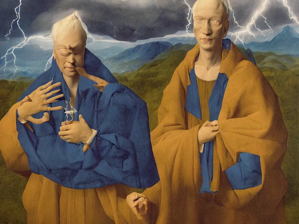 Prompt: Portrait of albino mystic with blue eyes, with lightning in his hand. Storm in the distance over the surreal mountains. Painting by Jan van Eyck, Audubon, Rene Magritte, Agnes Pelton, Max Ernst, Walton Ford