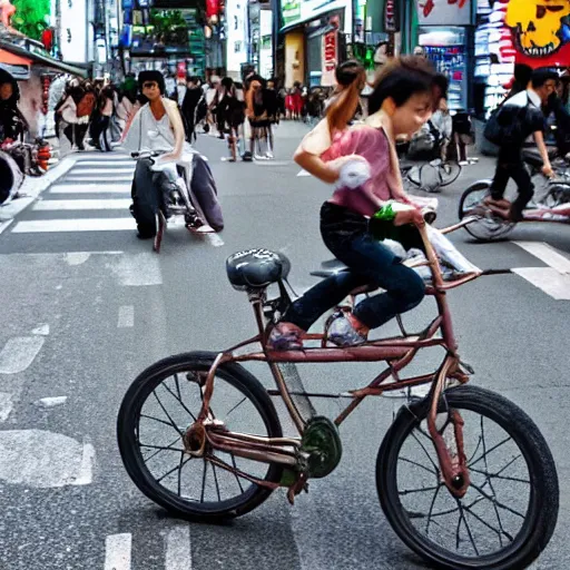 Image similar to tiny little cute dragons riding a bike in the streets of tokyo