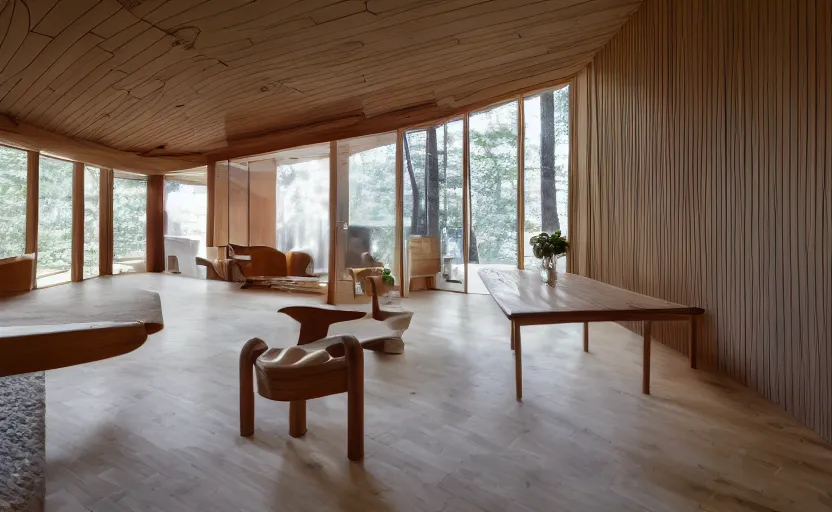 Image similar to luxurious wooden cottage by alvar aalto, modern Japanese living room, Japanese flower arrangements, coherent composition, architecturally accurate, architecture photography