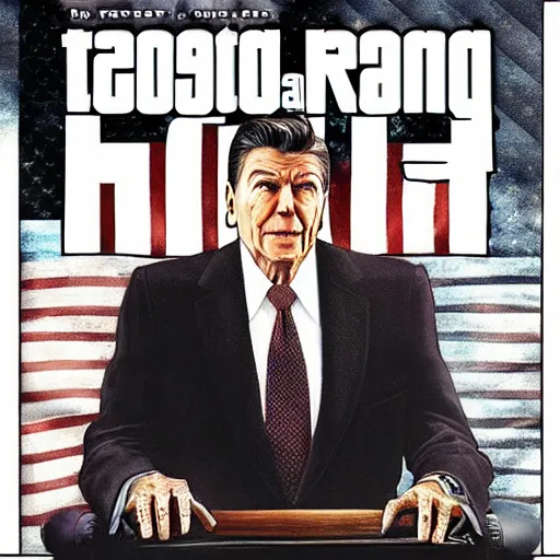 Prompt: “Ronald Reagan in GTA V, cover art by Stephen Bliss, Boxart, loadscreen”