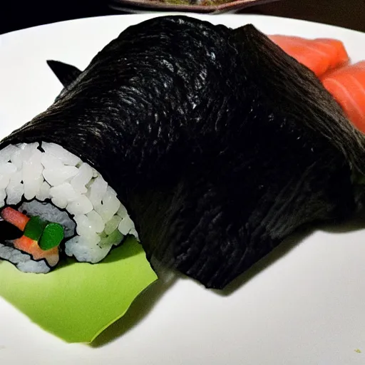 Image similar to a pile of sushi in the shape of a cat.