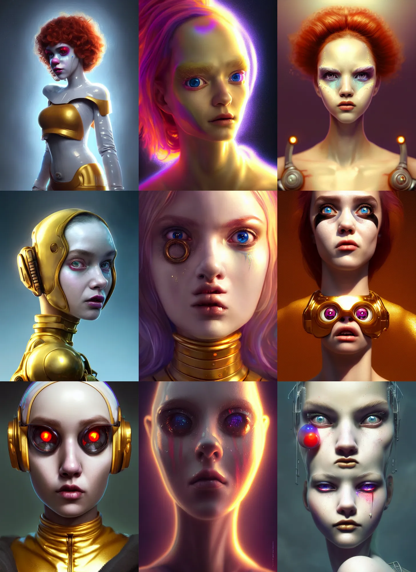 Prompt: pixar portrait 8 k photo, beautiful shiny white porcelain rich galactic gooey clowncore russian cyborg college girl, golden ratio details, sci - fi, fantasy, cyberpunk, intricate, decadent, highly detailed, digital painting, octane render, artstation, concept art, smooth, sharp focus, illustration, art by artgerm, loish, wlop