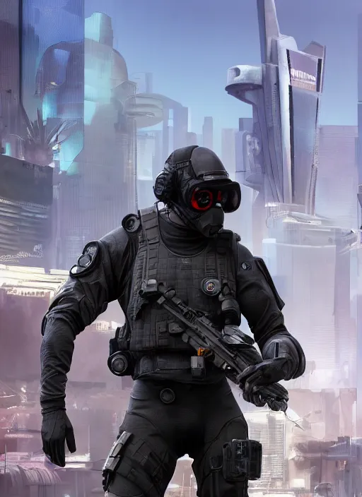 Prompt: Javier. USN special forces futuristic recon operator, cyberpunk military hazmat exo-suit, on patrol in the Australian autonomous zone, deserted city skyline. 2087. Concept art by James Gurney and Alphonso Mucha. (Black ops, Cyberpunk 2077, eon flux, Titanfall, Apex Legends, Blade runner 2049, rb6s