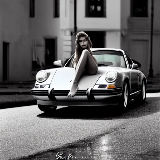 Image similar to Photo of a beautiful model sitting on the hood of a silver Porsche 911 Carrera 3.2, daylight, dramatic lighting, award winning, highly detailed, 1980s Versace ad, Fashion photography