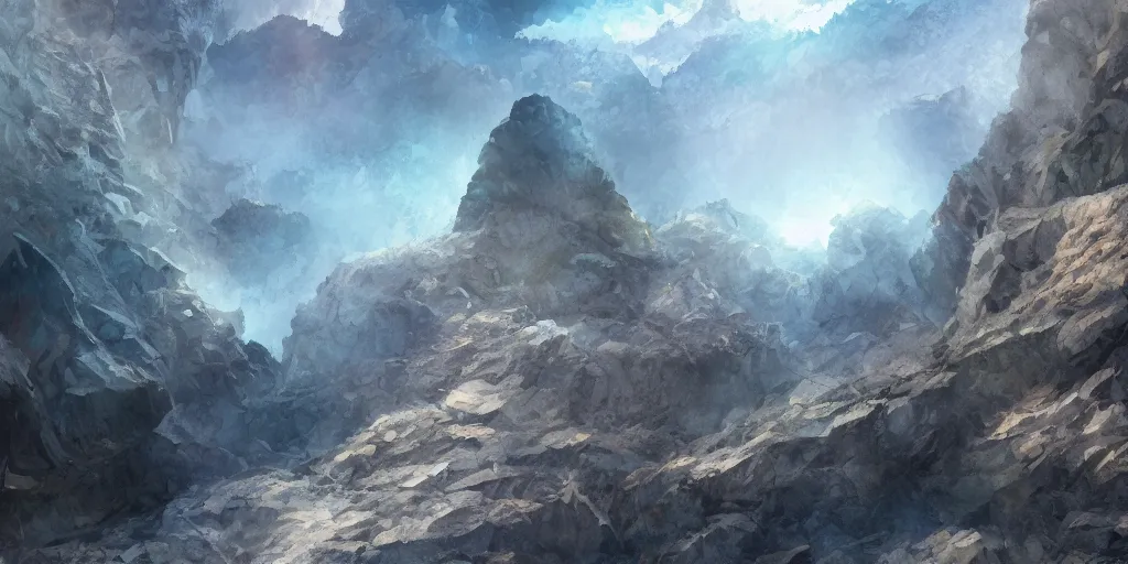 Image similar to sheer rugged crystal smokey coloured quartz cliff, viewed from the ocean, illustration, bright sunlight, sun glints, sunrays, digital art, hyperrealistic, oil painting, fantasy, 8 k, trending on artstation, detailed