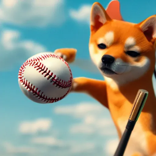 Image similar to shiba inu holding a baseball bat on his hand, cinematic lightning, 4 k, ultra detailed, trending on artstation, masterpiece, digital art.