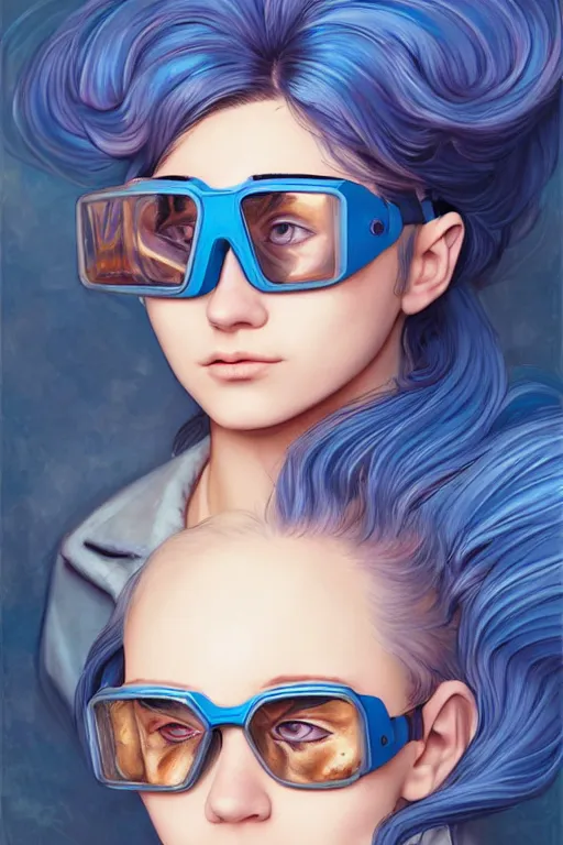 Prompt: portrait painting of a teenage girl with swept back wild blue hair, fashionable, windy, steampunk, reflective goggles, smirking, full body, flat color solid background color, sharp focus, award - winning, cinematic pose, cinematic lighting, trending on artstation, masterpiece, highly detailed, intricate. art by josan gonzales and moebius and deathburger