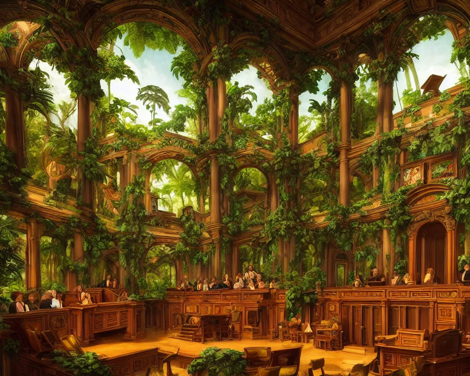 Image similar to an ornate courtroom in the rainforest by raphael and hopper. hyperdetailed, proportional, romantic, enchanting, achingly beautiful, graphic print, trending on artstation, jungle, tropical, foliage