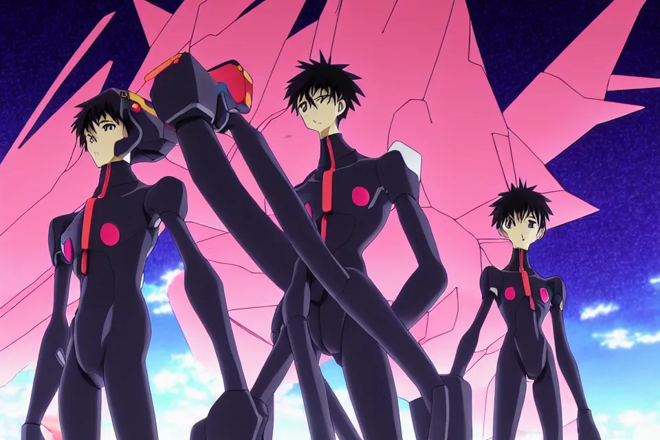 Image similar to anime illustration of black detailed lonely evangelion eva - 0 1 standing menacingly behind ikari shinji who is wearing a plugsuit, cinematic lighting, evangelion anime poster, rebuild of evangelion 1 0 8 0 p, 9 0 s anime aesthetic, volumetric lights, rule of thirds, unreal engine render, pinterest wallpaper, trending on artstation