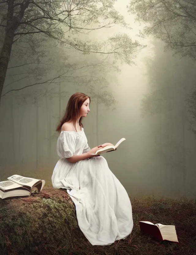 Image similar to beautiful peasant Girl in long white dress reading a book sitting on a tree in a foggy forest, Cinematic focus, Polaroid photo, vintage, neutral colors, soft lights, by Steve Hanks, by Serov Valentin, by lisa yuskavage, by Andrei Tarkovsky 8k render, detailed, oil on canvas