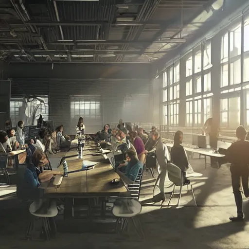 Image similar to cinematic concept, located in empty industrial warehouse with sunlight streaming through the windows, a large table in the middle of the frame that takes up a lot of space, a group of people standing around the table, on top of the table is a large hologram of a city futuristic city, some people are wearing virtual reality headsets in the foreground