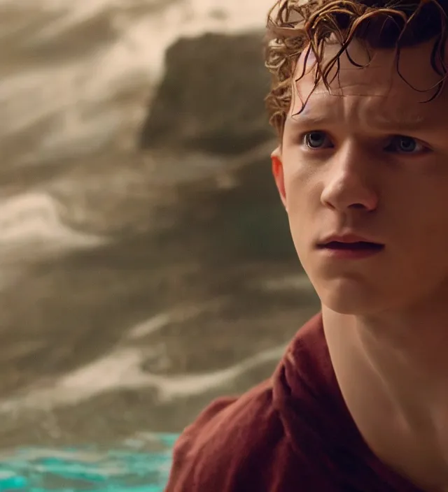 Image similar to tom holland as a mystical water creature, d & d, movie still frame, hd, remastered, film grain, cinematic lighting