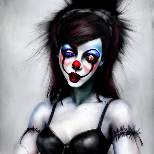 Image similar to goth clown girl, painting, highly detailed, artstation, realistic, beautiful, attractive