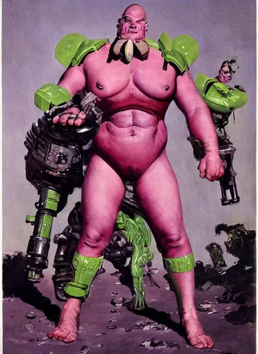 Image similar to 5 0 s pulp scifi fantasy illustration full body portrait martyn ford as huge monstrous armoured giant, pink and green, by norman rockwell, roberto ferri, daniel gerhartz, edd cartier, jack kirby, howard v brown, ruan jia, tom lovell, frank r paul, jacob collins, dean cornwell, astounding stories, amazing, fantasy, other worlds