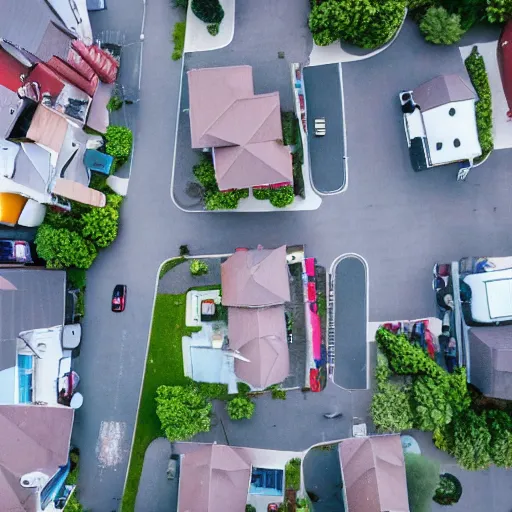 Prompt: a scared hamster flying on a drone above a neighborhood, close up