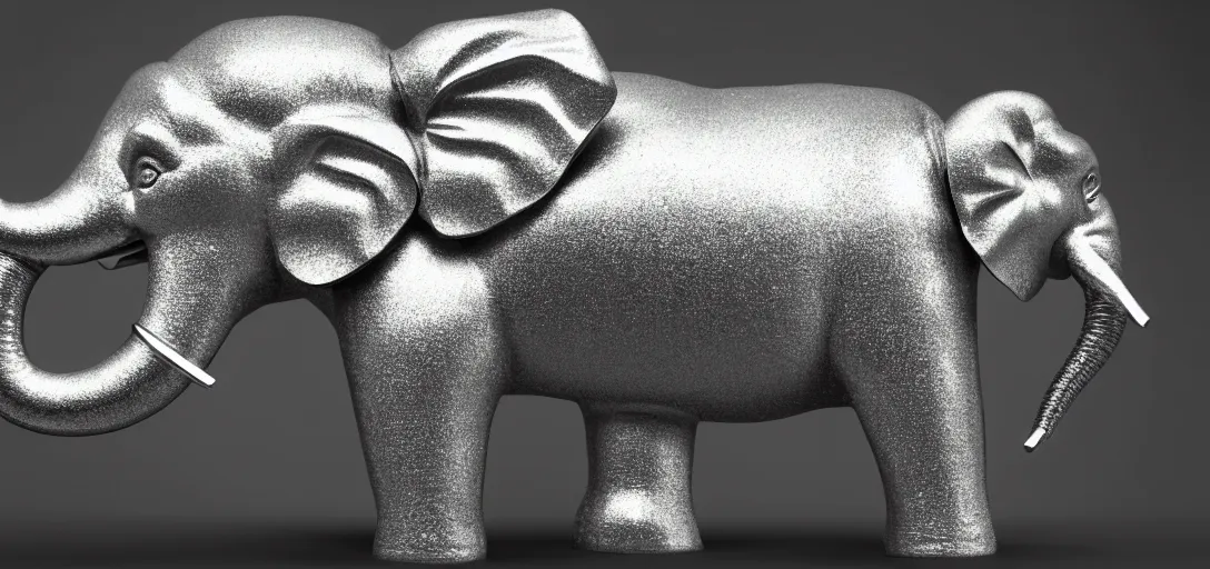 Image similar to a wide shot of silver handcrafted elephant, line of lights running inside the elephant, jewelry lighting, studio lighting, dark background, photorealistic, octane render, unreal engine