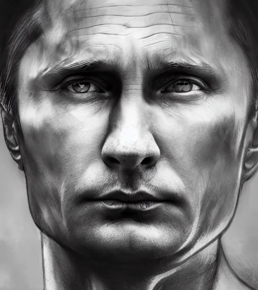 Image similar to vladimir putin, beautiful piercing eyes, realistic face, black and white drawing, in the style of greg rutkowski, fantasy, amazing detail, epic, intricate, elegant, smooth, sharp focus