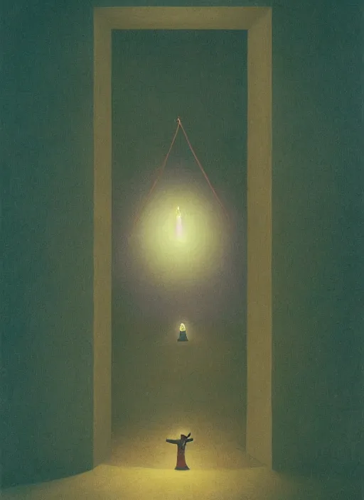 Prompt: A doorway into dunes shows a weeping nun in a flying lantern held aloft by the burning of Aaron\'s Rod Edward Hopper and James Gilleard, Zdzislaw Beksinski, Mark Ryden highly detailed