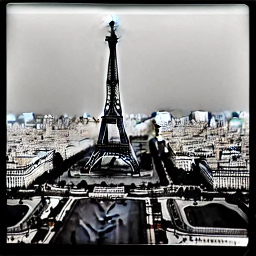 Image similar to extensive smoke rising from the top of the eiffel tower, aerial view, several police cars and crowds running across the ground, polaroid, 6 0's, hyperrealism, no blur, 4 k resolution, ultra detailed