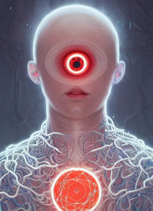 Prompt: cthonic resonance, red and white fractal glowing eyes, genetically augmented pale white young man with circular nodes sticking out from behind his neck, soft curly blonde hair, fantasy, extremely detailed, digital painting, artstation, concept art, smooth, sharp focus, illustration, stunning lighting, art by artgerm and greg rutkowski and alphonse mucha and simon stalenhag, realistic character concept, high fantasy, dark atmosphere, golden ratio, cinematic lighting, hyperdetailed, high resolution, insanely detailed and intricate, artstation, Marc Simonetti, Greg Rutkowski, 8k