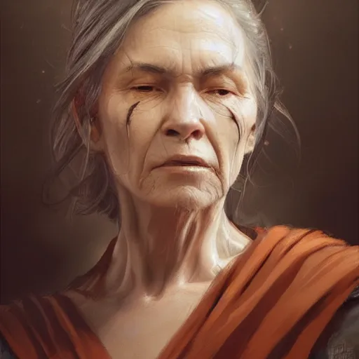 Image similar to portrait of a woman by greg rutkowski, grand jedi master jade skywalker, copper wavy hair, star wars expanded universe, she is about 7 0 years old, wearing jedi robes, wise and serene, highly detailed portrait, digital painting, artstation, concept art, smooth, sharp foccus ilustration, artstation hq