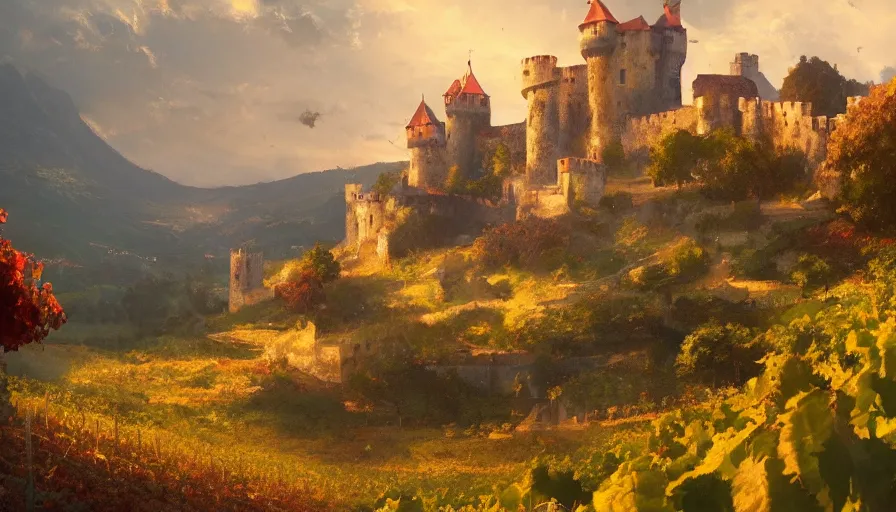 Image similar to a beautiful establishing shot of toussaint castle and vineyards, warm colors by greg rutkowski and kalin popov, trending on artstation, masterpiece,