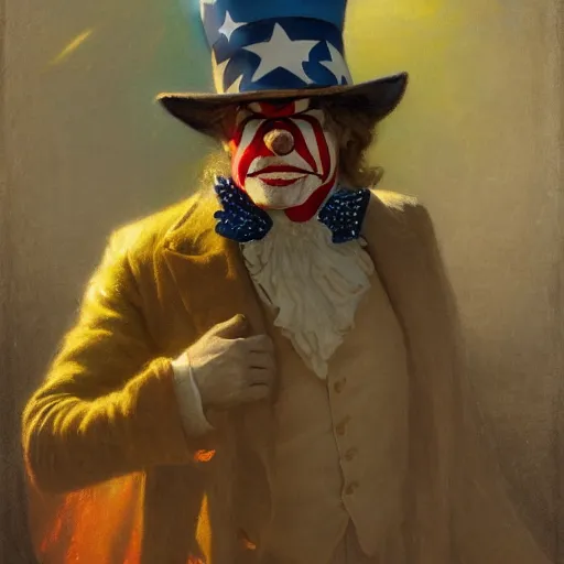 Image similar to uncle sam as a clown, radiant light, caustics, heroic, bright iridescent light, by gaston bussiere, bayard wu, greg rutkowski, maxim verehin