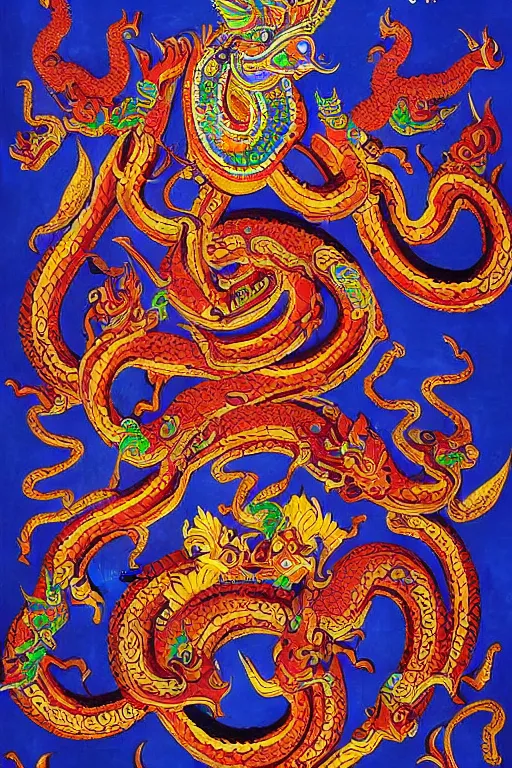 Prompt: naga art, mythical serpent southeast asian legends, thai traditional painting, royal thai art, guardian at the temple, garuda eagle, thai folklore, buddhist painting, thai dragon paintings by Chalermchai Kositpipat