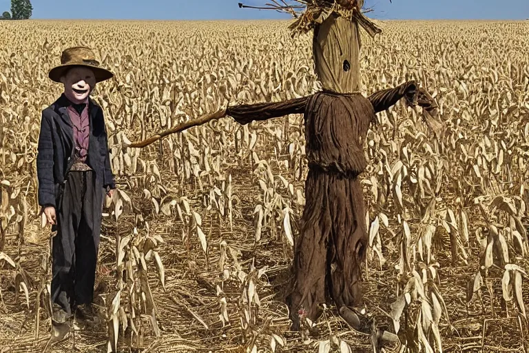 Image similar to sketchy scarecrow from the early 1 9 0 0's leading children into the cornfields