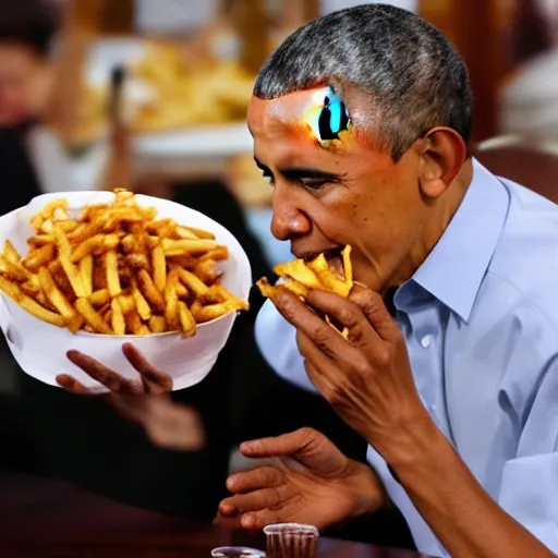 Prompt: barack obama eating chili fries, eating, chili fries, cheesy