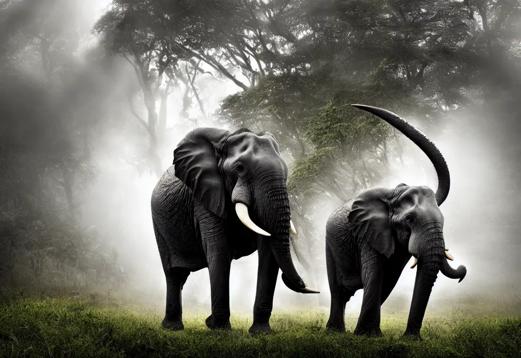 Image similar to an elephant king, his trunk is a long tentacle, in a jungle with ominous light from above, ambient light, fog, river