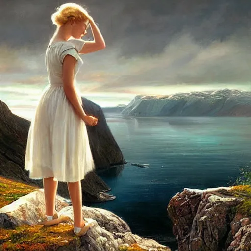 Prompt: beautiful 1950s blonde standing on top of Norwegian fjord, morning, atmospheric, dreamy, painting by Vladimir Volegov