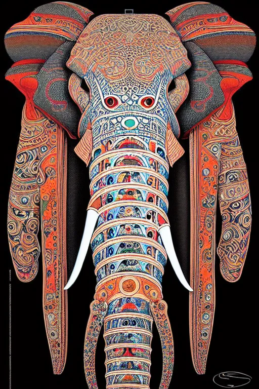 Prompt: a centered portrait of a robotic elephant headed biomechanical creature by clogtwo and subjekt zero. intricate detailed sharp clean textured very ornated. indian tapestry style. lowbrow color palette